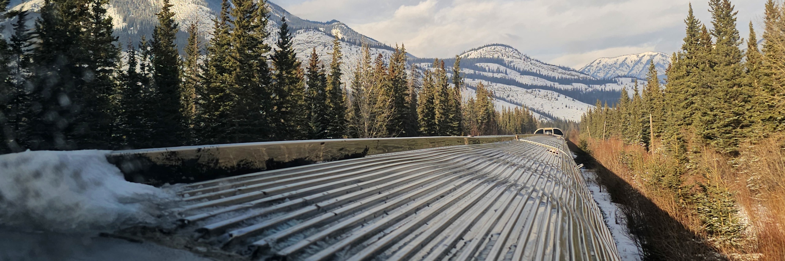 Canadian Rockies: view along the stainless steel roof of a passenger train through snow-covered mountains and evergreen